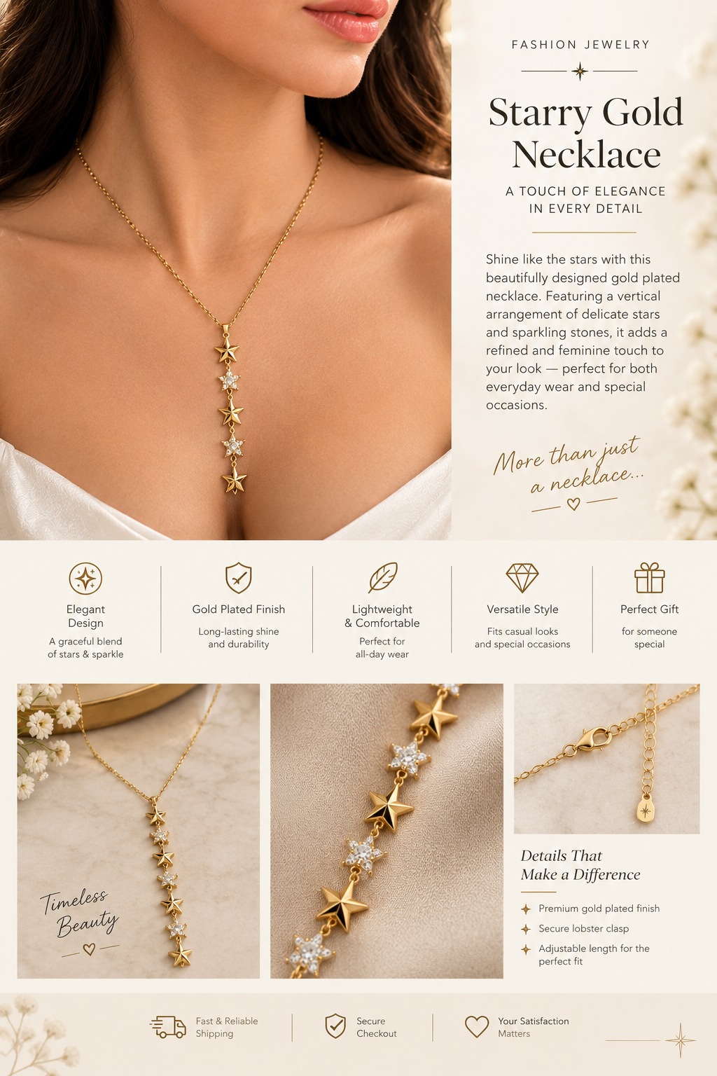 Gold Cascading Stars Y-Necklace | سلسلة النجوم الذهبية المتدلية