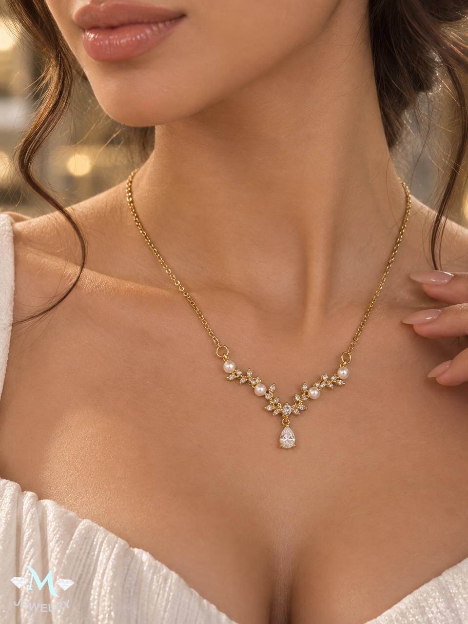 سلسله اللؤلؤ الذهبية– Stainless Steel Gold Plated Pearl Necklace