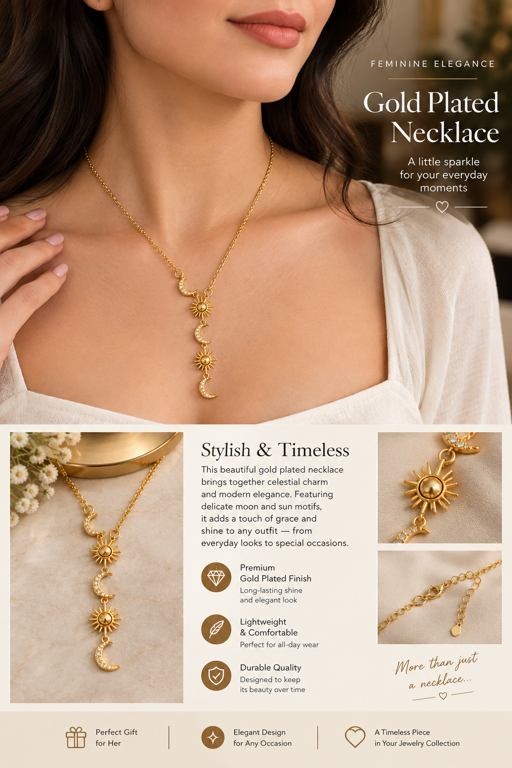 Celestial Moon & Sun Gold Plated Necklace