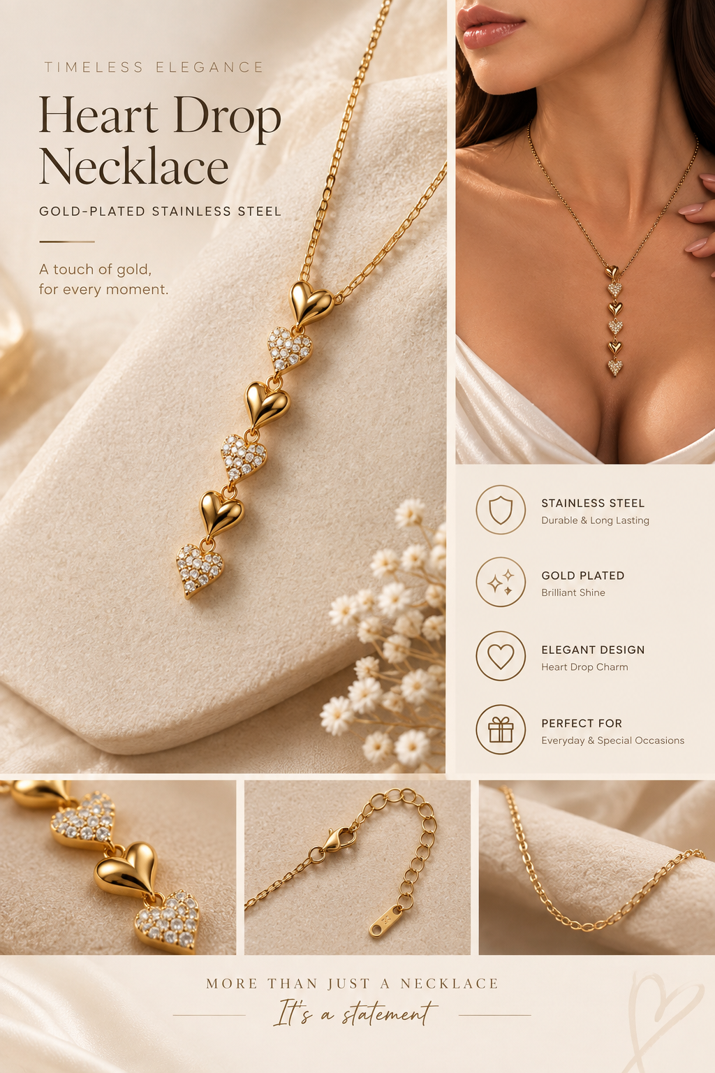 Elegant Gold-Plated Heart Necklace كوليه قلوب أنيق مطلي بماء الذهب